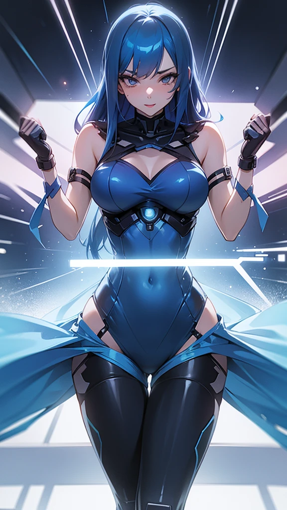 One woman in her 20s、Female Superheroes、Super big breasts、Stylish、Plump legs、Blue Hair、long hair、Tie around the neck、Long sideburns、Bunny suit style hero costume、With chest illumination、High leg、Helmet、Mecha rabbit ears、tights、Lace-up boots、Finger piercing gloves、Fighting Pose、