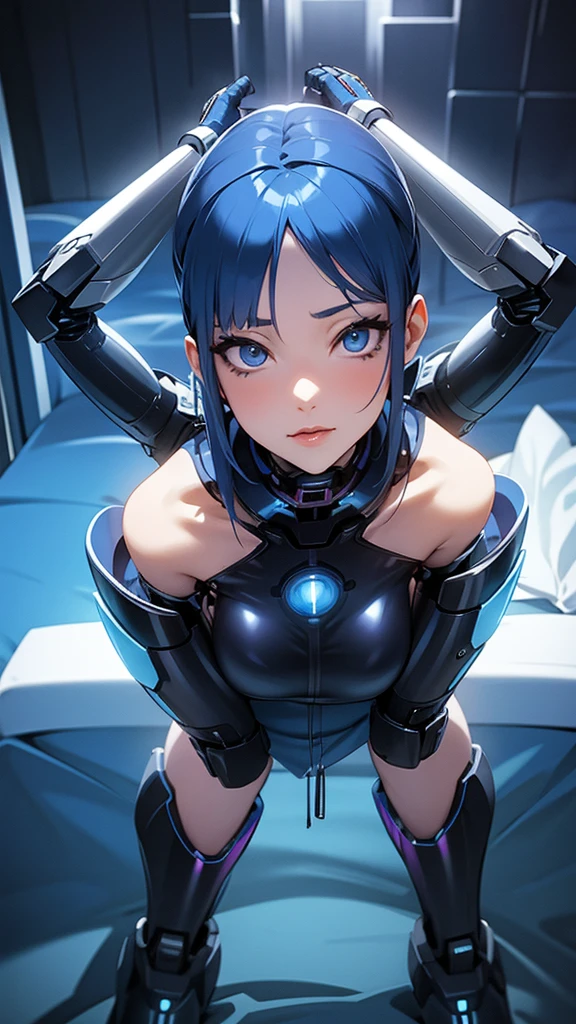 (SLE, mksks style, detailed background:1.1), (solo:1.3), mature, woman, white metal skin, robot body, blue hair, bobcut hairstyle, blue_eyes, glowing eyes, voluptuous body, happy, full body view, head tilt, close up, volumetric lighting, (indoor:1.3), laboratory, on all fours, moaning, doggystyle sex, cock, pussy, penetration