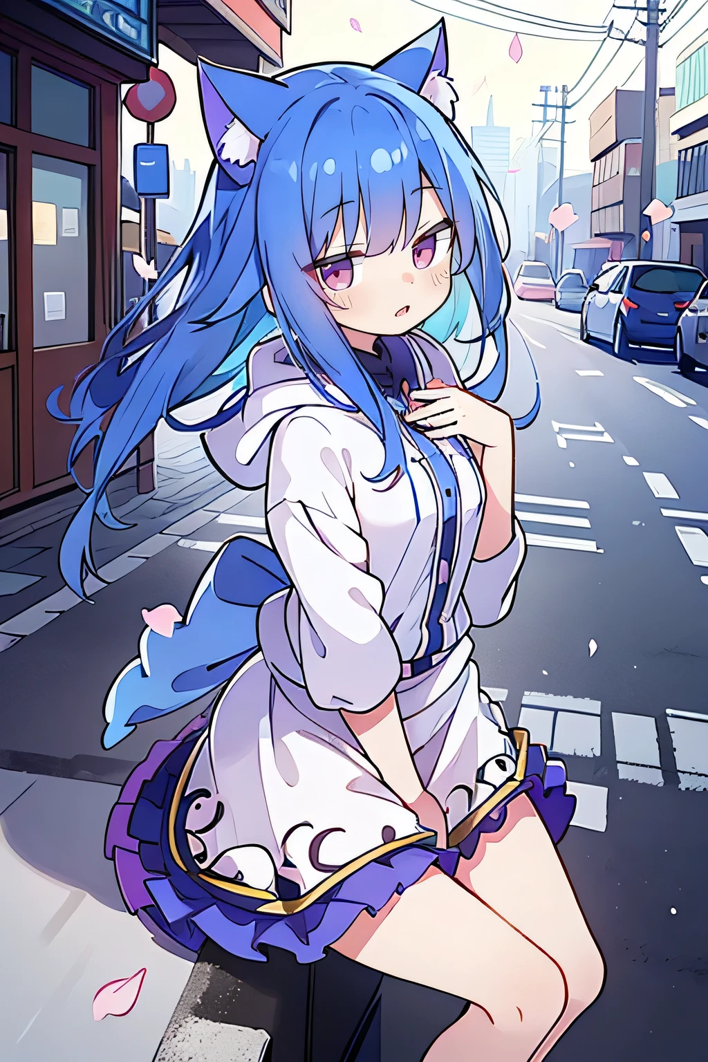 （masterpiece：1.2），Super detailed，lifelike，Expressive eyes，fair skin，perfect face shape，1 girl，
Japanese comics,Gorgeous blue hair,flowing blue hair,flowing clothes,Cat ears,Petals fall,beautiful lola,Baby Angel,
Shaking head with one hand，Cross your legs，smile, wearing hoodie,snowing，City streets。