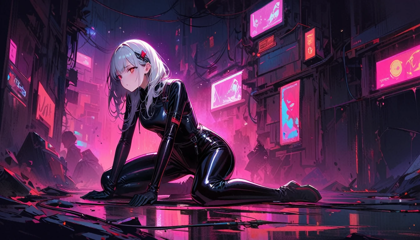 nsfw、(masterpiece, Highest quality, Super detailed:1.3), Perfect composition, 4K, (Very detailed, Super detailed),(Rainy cyberpunk night city:1.5), (Brown full-body tights)、Wear a white swimsuit over tights、White sheer long latex gloves、Transparent long latex tights,(The skin is slightly visible)、 High resolution, 8k Texture, Attention to detail, Very detailed肌の質感, Magnificent details, High Sharpness, One girl, (Fine grain:1.3), (25-year-old woman:1.3),（A smile that lowers the corners of the eyeouth showing teeth、((Rain makes me wet))