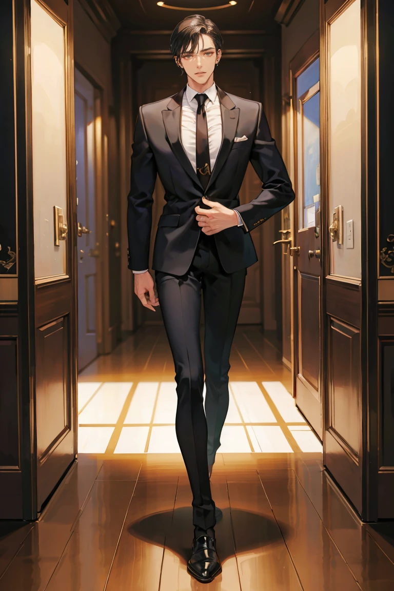 (masterpiece), best quality, seductive eyes, perfect face, handsome man, brown eyes, long slicked back black hair, long nose, tan brown skin, business suit, black necktie, extremely tall man, taller than a door, long legs, long calves, full body, tall man, long legs, anime cover, 1boy, ear piercings, hands in pockets, adult-like look, cafe background