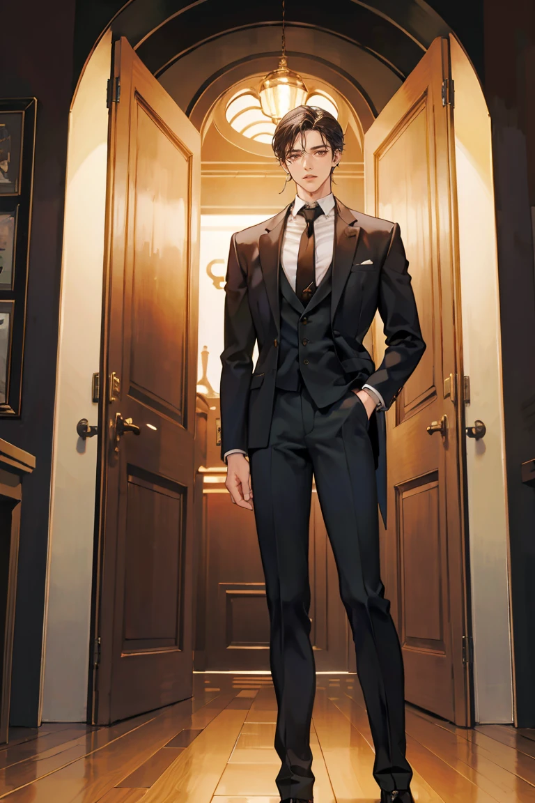 (masterpiece), best quality, seductive eyes, perfect face, handsome man, brown eyes, long slicked back black hair, long nose, tan brown skin, business suit, black necktie, extremely tall man, taller than a door, long legs, long calves, full body, tall man, long legs, anime cover, 1boy, ear piercings, hands in pockets, adult-like look, cafe background