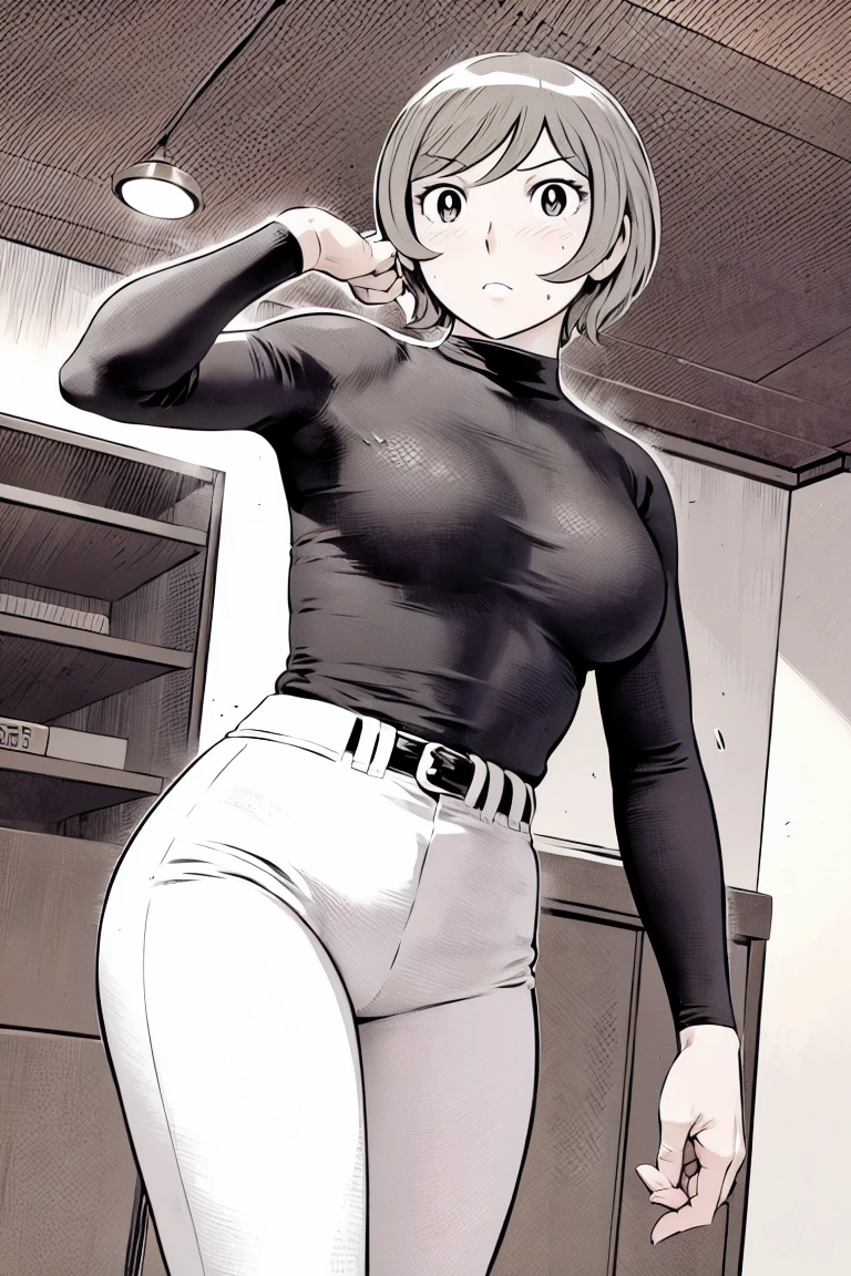 、(masterpiece、Highest quality)、Highest quality, Ultra-high resolution, (((masterpiece))), alone, Sweat、Big eyes,Tight black shirt、Tight white pants、belt、indoor、Composition from the front、(Cut the back hair short、short hair、blonde、woman)、Shortcuts、Embarrassed face、Cut your hair short、可愛いwomanの子、Big Breasts、Inside the room、Full Color、Baseball uniform