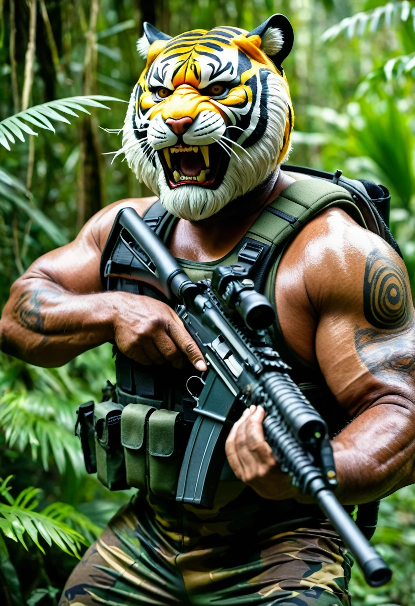 (a dark-skinned bearded fat muscular old man in a bulky army camouflage zipper diver suit), and (wearing realistic roaring siberian tiger mask), patrolling in a jungle and shooting sniper rifle, muscular, Bruce Onobrakpeya, sumatraism, stanley artgermm, action, heroic, fierce, snarling
