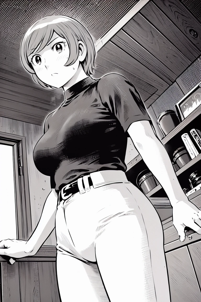 、(masterpiece、Highest quality)、Highest quality, Ultra-high resolution, (((masterpiece))), alone, Sweat、Big eyes,Tight black shirt、Tight white pants、belt、indoor、Composition from the front、（Cut the back hair short、short hair、blonde、woman）、Shortcuts、Embarrassed face、Cut your hair short、可愛いwomanの子、Big Breasts、Inside the room、Full Color、Baseball uniform