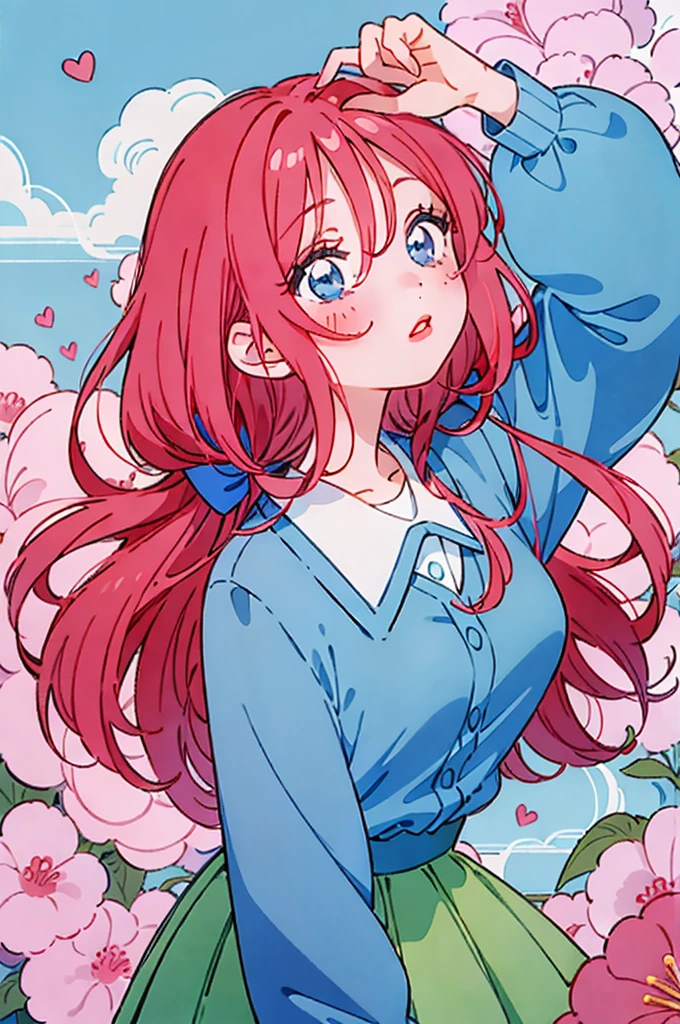 Miku nakano, turned sideways, pointing in front of her, (Old anime, vintage anime, 90's anime style, naoko takeuchi style, masterpiece、top-quality、top-quality、Official art、Beautifully Aesthetic:1.2)、(a beauty girl:1.3)、vivid colours、colourful, lHD Detail, Ultra Detail, soft Light, Deep Focus Bokeh, magical photography, dramatic lighting, intricate details, (1 girl, solo, alone), , sfw, nakano_miku, blue eyes, indigo eyes, aayotsuba, Miku, sparkling blue eyes, sfw, pretty age girl with long dark pink hair, heart shaped lips and blue eyes making a cute face, blushing, aamiku, Nakano Miku from The Quintessential Quintuplets, Miku Nakano, masterpiece, 4k, ultradetailed, cowboy shot, nakano miku, long pink red hair, blue headset around neck, calm face, blushing, apathetic calm face, one strand of hair across her face, blue eyes, innocent, pure, shy, tender, lovely
