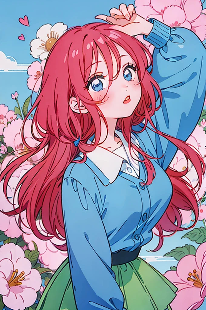 Miku nakano, turned sideways, pointing in front of her, (Old anime, vintage anime, 90's anime style, naoko takeuchi style, masterpiece、top-quality、top-quality、Official art、Beautifully Aesthetic:1.2)、(a beauty girl:1.3)、vivid colours、colourful, lHD Detail, Ultra Detail, soft Light, Deep Focus Bokeh, magical photography, dramatic lighting, intricate details, (1 girl, solo, alone), , sfw, nakano_miku, blue eyes, indigo eyes, aayotsuba, Miku, sparkling blue eyes, sfw, pretty age girl with long dark pink hair, heart shaped lips and blue eyes making a cute face, blushing, aamiku, Nakano Miku from The Quintessential Quintuplets, Miku Nakano, masterpiece, 4k, ultradetailed, cowboy shot, nakano miku, long pink red hair, blue headset around neck, calm face, blushing, apathetic calm face, one strand of hair across her face, blue eyes, innocent, pure, shy, tender, lovely