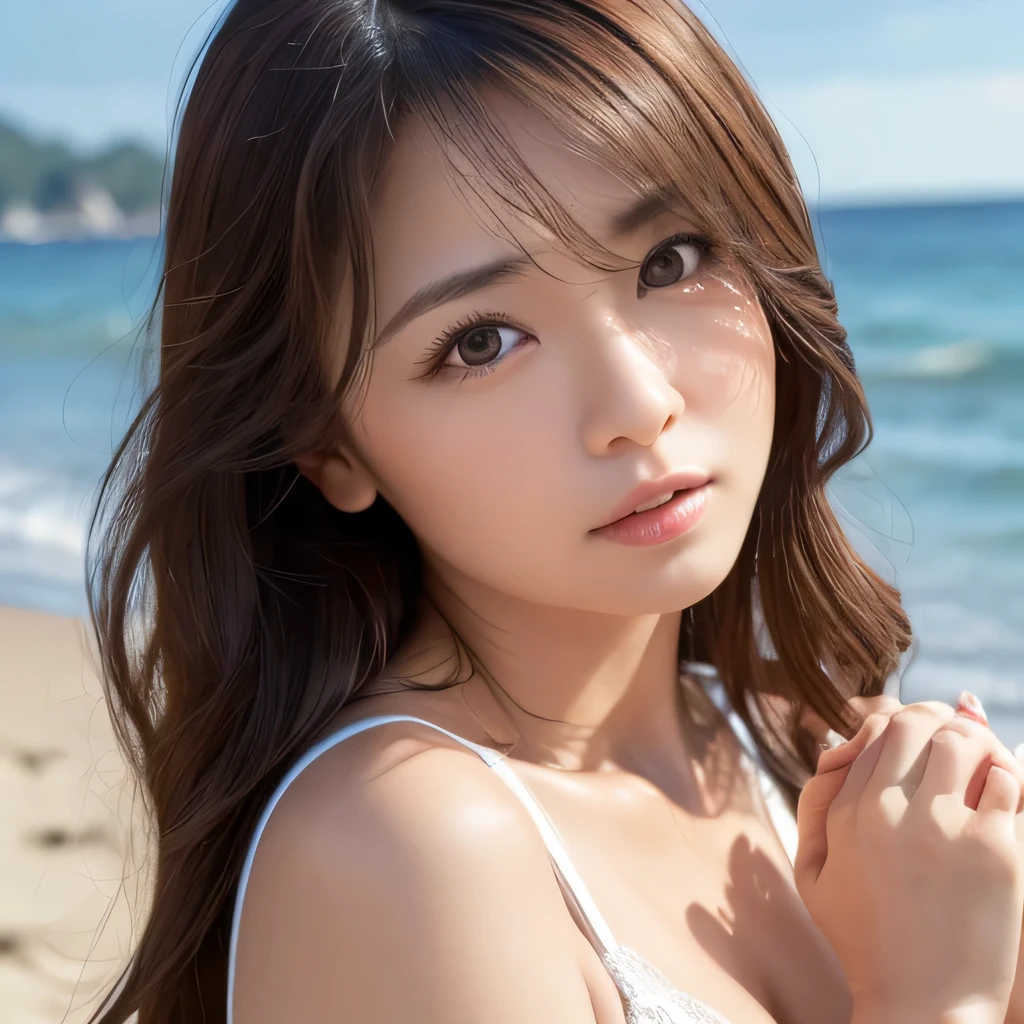 8K,best quality,masterpiece,photorealistic, realistic,ultra high definition,ray tracung, japanese female, huge breasts,big eyes, ((fold your hands in front of your chest)),sexy panties,standing on the beach facing me,((mature woman,forties,middle age)),cute face,long hair,brown hair