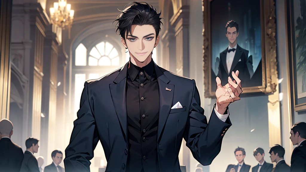 ,Masterpiece,best quality,Very detailed,anime,a handsome man, man,manที่เป็นผู้ใหญ่, A quiet and charming young man, 30 years old, smile, gag, Portrait, Highly detailed face, ((blue eyes)), ((ผมสั้นblack)),manหล่อ,Height 190 cm. ,Short hair Quiff Hairstyle,ผมสั้นblack,blue eyes, alone,stare,smile,stand,back light,blue eyes,muscle,Tall and big,business suit, เสื้อสูทblack(black),เสื้อเชื้ตblack, All Black,Masterpiece,best quality,Very detailed