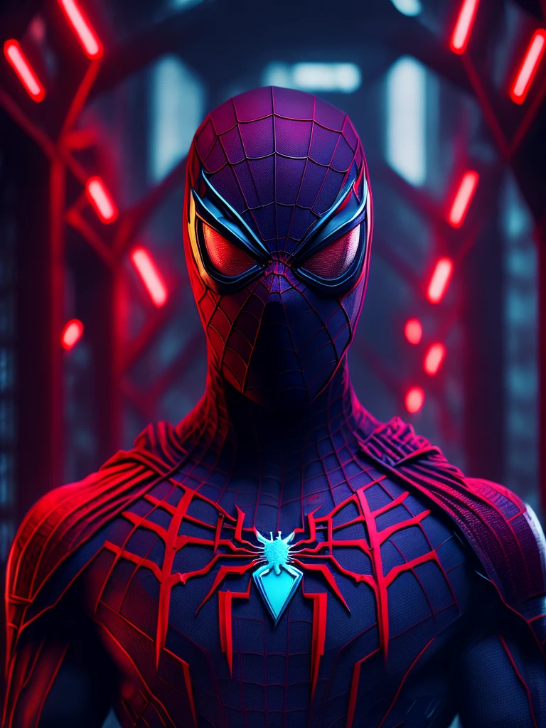gloomy portrait of Bloody Spider-Man from Marvel with intricate angular cybernetic implants inside a brutalist building, gothic brutalist cathedral, cyberpunk, award-winning photo, bokeh, neon lights, cybernetic limb