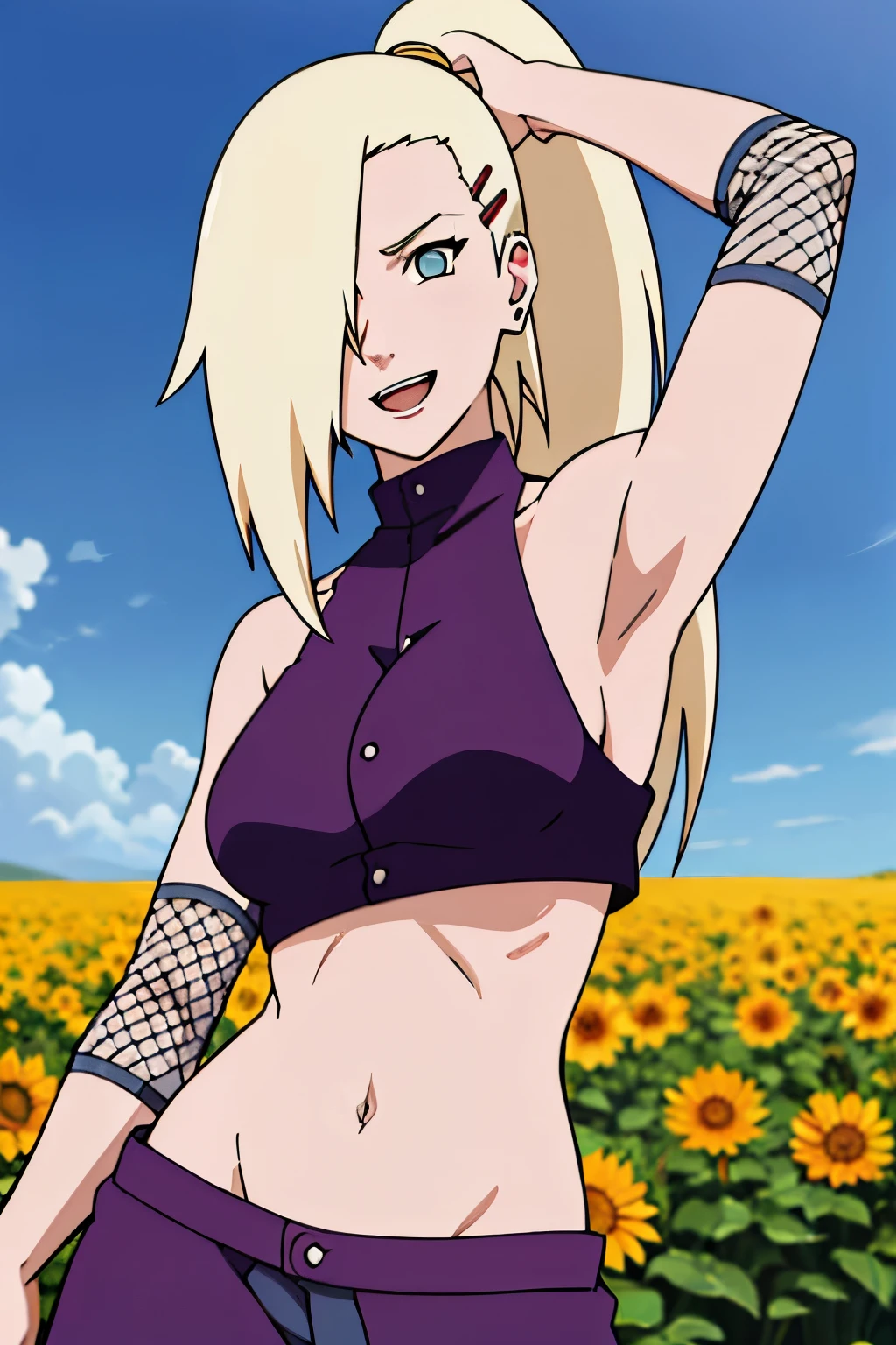 (one arm up), Ino yamanaka, looking at the viewer, gorgeous, attractive, groin, cowboy shot, ultra detailed face, sunny day, day time, upper body view, anime style, solo, detailed flower field, blonde, (focus on face), ((one eye covered with hair, hair over eye)), medium breasts, belly button, looking at the viewer, thick arms, (off-shoulders, wide shoulders, curving body), hidden eye, smile, open mouth, very happy, tall, hair clip, sharp look, sharp face, sharp eye, cold colors,