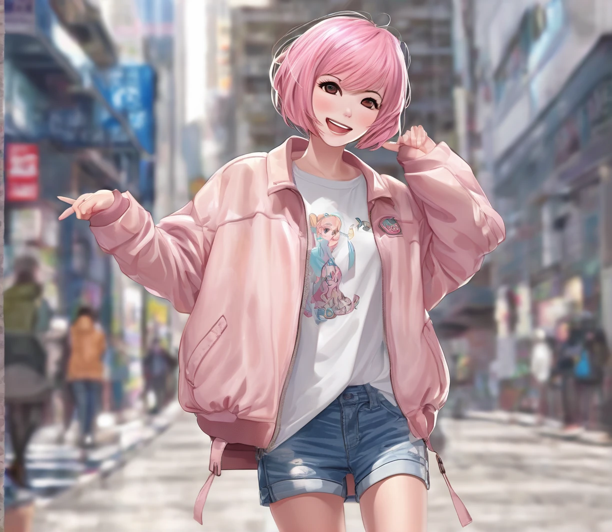 Render anime girl, pink short hair, semi-realistic, round eyes, open mouth smile, light pink bomber jacket, white t-shirt underneath jacket, light denim jeans, brown uggs boots, white background, big shoes and hands, shading, waving with both hands, standing on one yet, energetic pose,