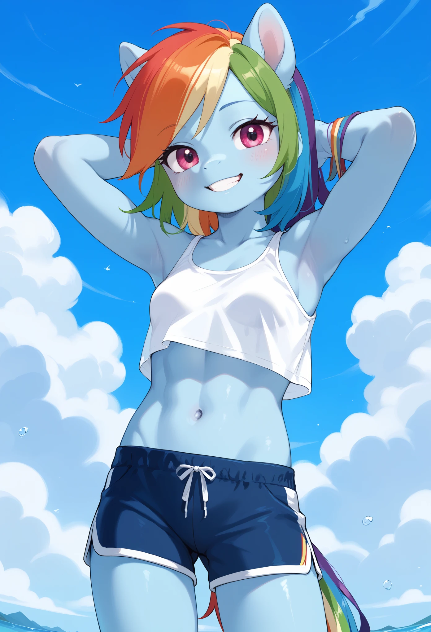 score_9, score_8_up, score_7_up, score_6_up, rainbow dash, pony, furry, blue skin, small wings, multicolored hair, anthro, pony face, white crop top, (toned:0.5), smile, small breasts, gym shorts, medium hair, blue sky