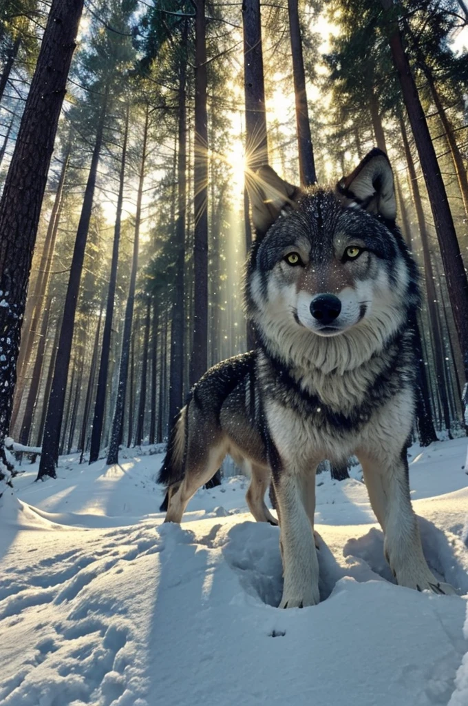 Green forest with sun beams,snow,detailed,high quality, baby wolf