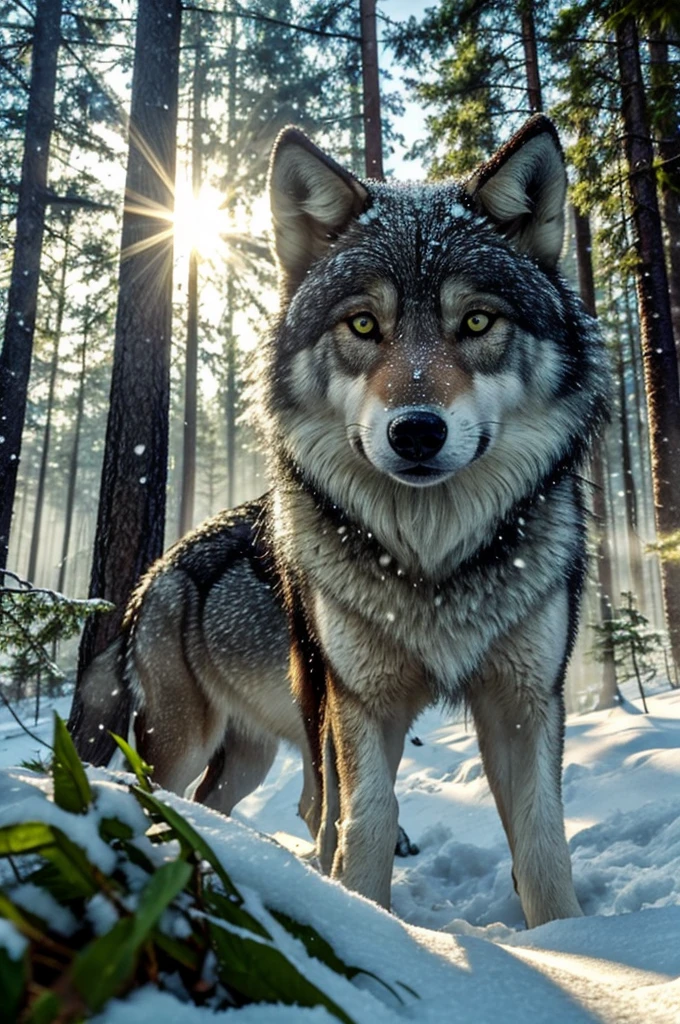 Green forest with sun beams,snow,detailed,high quality, wolf