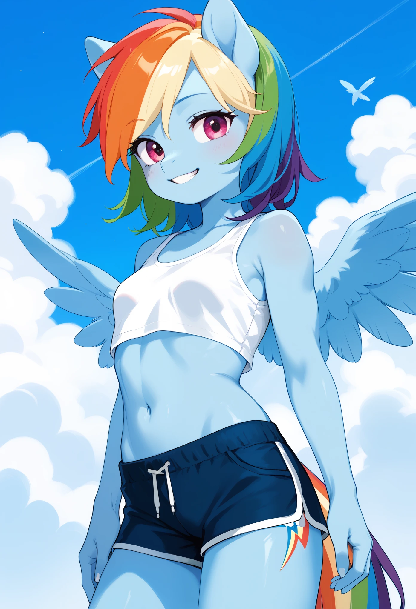 score_9, score_8_up, score_7_up, score_6_up, rainbow dash, pony, furry, blue skin, small wings, multicolored hair, anthro, pony face, white crop top, (toned:0.5), smile, small breasts, gym shorts, medium hair, blue sky