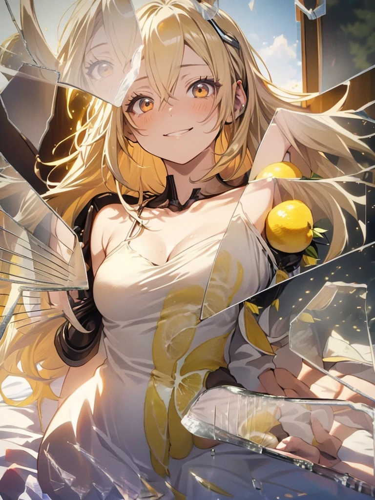 anime style, movie portrait photography, (((1 female))), 22 years old, Esbian, small and poor chest, lemon、((bright yellow hair)), long hair, ((red eyes)), amber eyes、Red beautiful eyes, (natural skin texture vivid details, surreal, (realistic detailed eyes, natural skin texture, realistic facial details), soft and dramatic lighting, ((Lemon is the theme))、Depth of bounds written, vivid details, surreal,movie,smile、forward leaning posture,lie in bed、、the corners of the mouth rise,live streaming in the room、wear string earphones、looking at cell phone,smile
