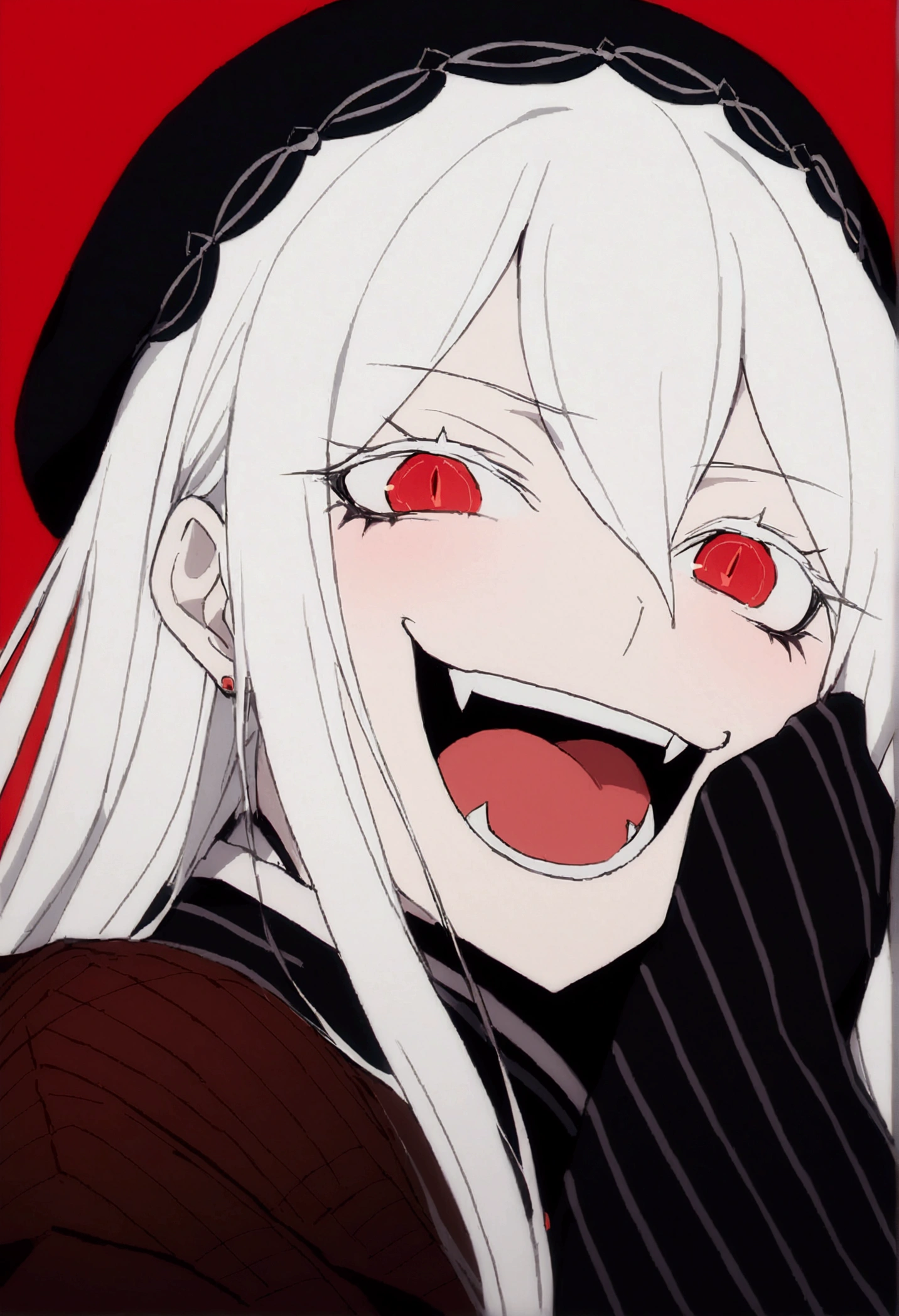 Evil woman, loca, White hair, thick white eyelashes, fangs, demonic, echidna re:zero, crazy laugh, pure evil, black clothes, red tones, big breasts,a close-up of a person with a red background and a black and white drawing of a woman with long hair, Akane Owari Danganronpa, with red haze and a massive SMILE, SMILEning lasciviously, [[[[SMILEning evily]]]], evil SMILE, Gapmoe Yandere Grimdark, SMILE, SMILE asesina, Masterpiece