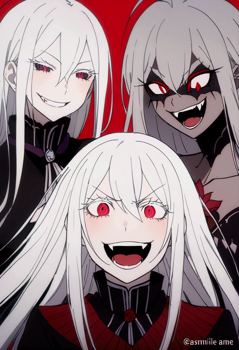 Evil woman, loca, White hair, thick white eyelashes, fangs, demonic, echidna re:zero, crazy laugh, pure evil, black clothes, red tones, big breasts,a close-up of a person with a red background and a black and white drawing of a woman with long hair, Akane Owari Danganronpa, with red haze and a massive SMILE, SMILEning lasciviously, [[[[SMILEning evily]]]], evil SMILE, Gapmoe Yandere Grimdark, SMILE, SMILE asesina, Masterpiece