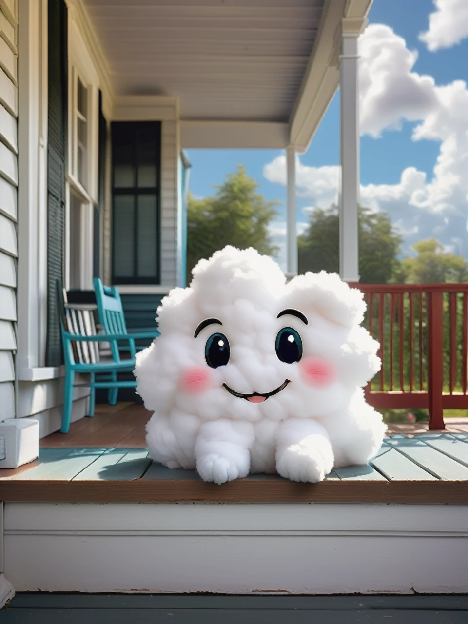 Fluffy cloud pet creature sitting on porch smiling