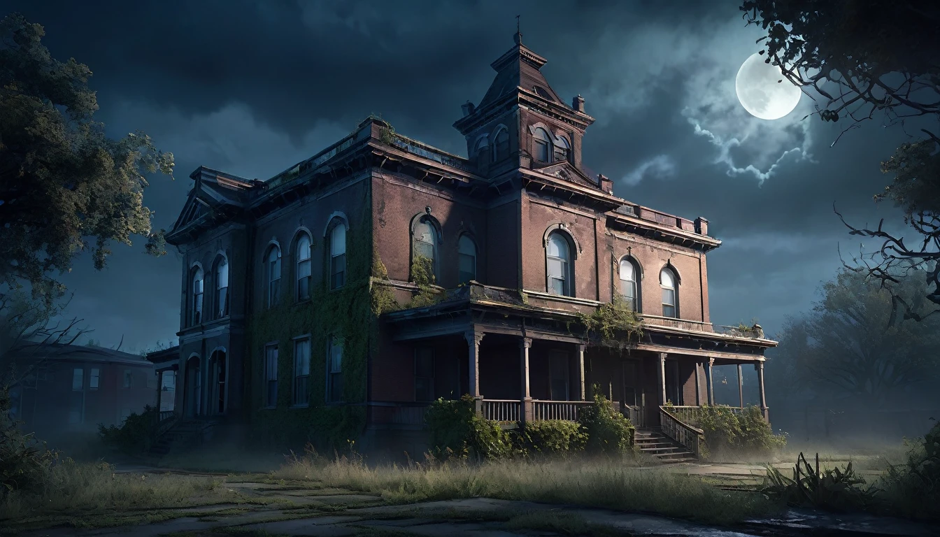 A simple building, spooky atmosphere, abandoned, overgrown with vines, moonlit night, detailed architectural elements, dark clouds, eerie lighting, atmospheric fog, dramatic shadows, unsettling mood, intricate details, photorealistic, muted color palette, cinematic composition, highly detailed, masterpiece