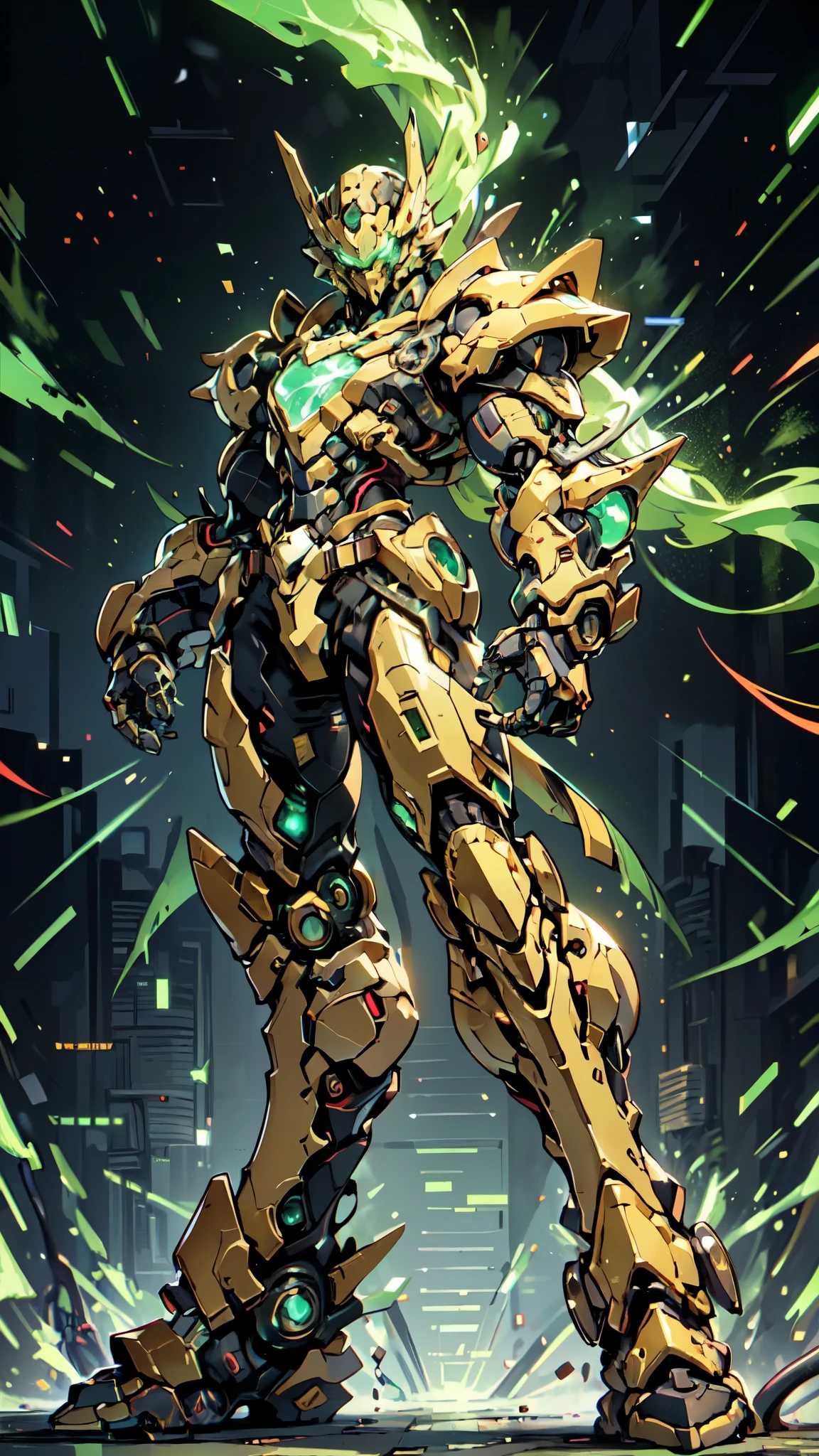 (masterpiece:1.5, best quality:1.5, extremely delicate:1.5, foreshortening:1.5, dynamic angle:1.5), a man wearing a full-face helmet, a fantasy-style biotech armored combat suit, green eyes, (a composite layered chest armor), fully enclosed shoulder guards, matching arm and leg guards, the belt is adorned with neon circuitry, (the color scheme is primarily black glow with green and red accents), the design balances heavy with agility, a high-tech bio-mecha armor, (Armor Concept Inspired by neon Cyberpunk, stand on the top of a skyscraper in a futuristic sci-fi city), this character embodies a finely crafted fantasy-surreal style armored hero in anime style, exquisite and mature manga art style, (element, plasma, energy, the armor glows), ((male:1.5)), metallic, high definition, highres, ultra-detailed, ultra-fine painting, professional, perfect body proportions, golden ratio, anatomically correct, symmetrical face, extremely detailed eyes and face, high quality eyes, creativity, RAW photo, UHD, 32k, Natural light, cinematic lighting, masterpiece-anatomy-perfect