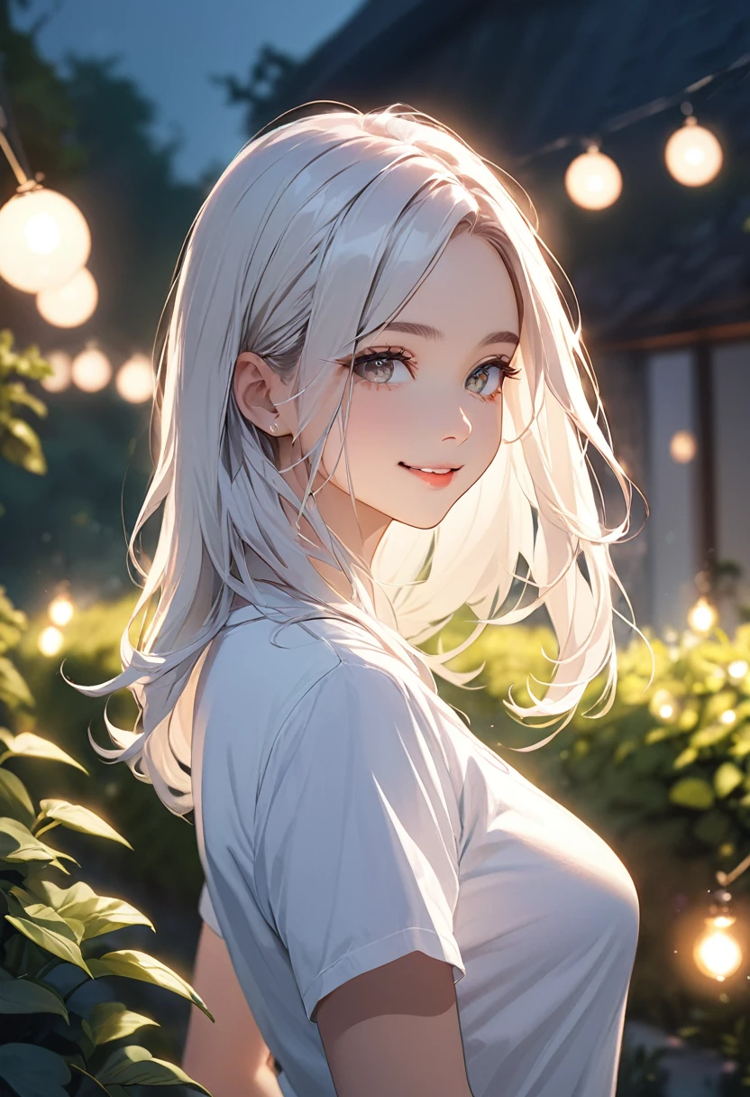 (masterpiece:1.5),(Beat quality),(high res),1girl solo,beautiful face,smile(shining eyes),upper body,light effects,Two-tone hair(black and white),Woman in plain clothes,garden