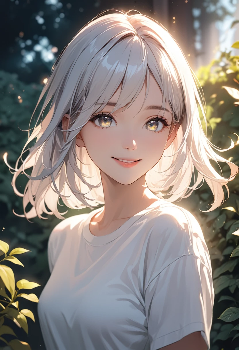(masterpiece:1.5),(Beat quality),(high res),1girl solo,beautiful face,smile(shining eyes),upper body,light effects,White hair on the left and black hair on the right,Woman in plain clothes,garden