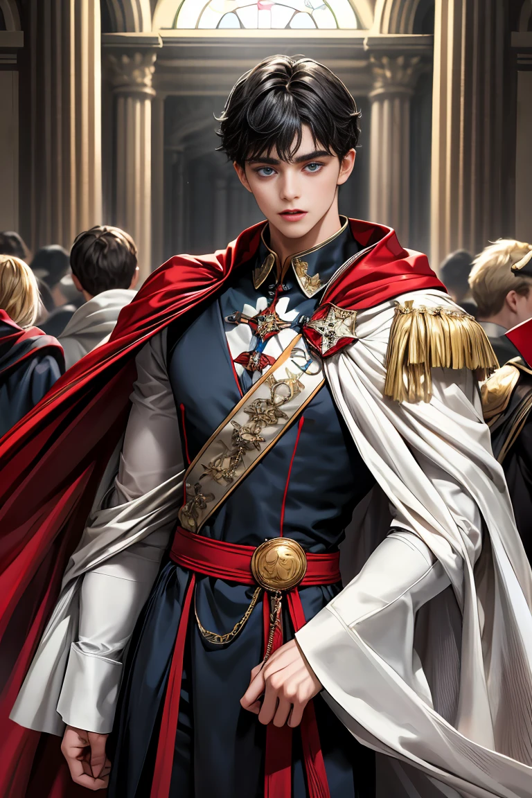 masterpiece, 最high quality, high quality, 1 boy, alone, Male focus, Watching the audience, Messy black hair, Adorable big blue eyes, White people, Noble, Noble,Sexy voluminous cape、vampire、A very voluminous, large, very large, very large, long, long red and black cape with a high stand-up collar, made of a lot of fabric that reaches down to the floor., ,Cute beautiful boys,Cute, cute, kind, handsome guy
