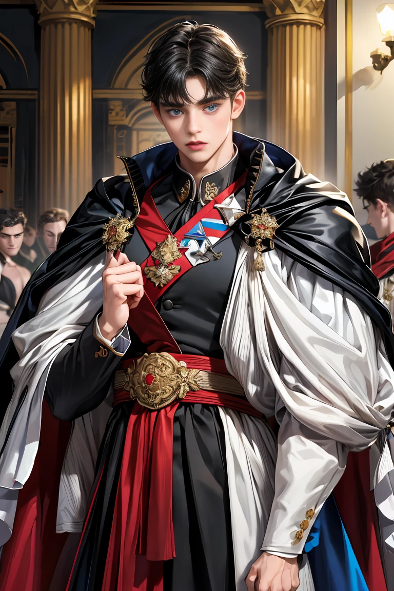 
masterpiece, 最high quality, high quality, 1 boy, alone, Male focus, Watching the audience,  Messy black hair, Adorable big blue eyes, White people, Noble, Noble,Sexy voluminous cape、vampire、A very voluminous, large, very large, very large, long, long red and black cape with a high stand-up collar, made of a lot of fabric that reaches down to the floor., ,Cute beautiful boys,Cute, cute, kind, handsome guy