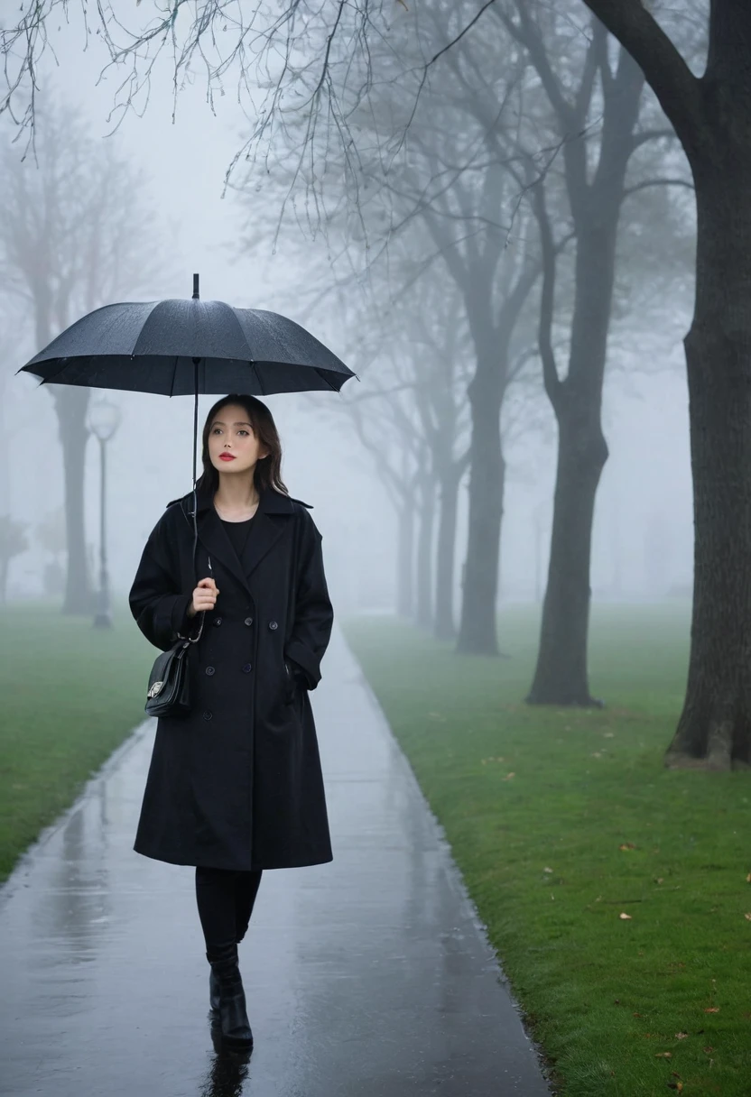 masterpiece, best quality,rain, in the rain, 1 woman, foggy park, looking at viewer, black coat