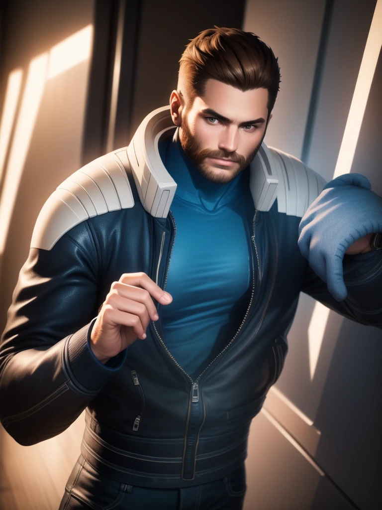 30-year-old man, alone, strong, short brown hair, blue clothing, high resolution, perfect image, very detailed, high contrast, digital colors, simple, medium shot, cinematic, ultra-sharp focus, award-winning photography, perfect contrast, high sharpness, depth of field, ultra detailed photography. global illumination, fluid, ultra high definition, 8k, Unreal Engine 5, ultra sharp focus, award-winning photography, Art Season Trends,
