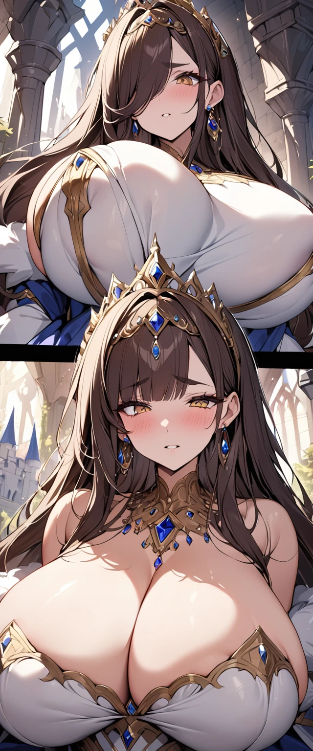 Princess , in castle, high quality, super quality, (detailed face:1.6) ,beautiful woman , golden eyes, long hair , gorgeous dress, (dress:1.2) , tiara, necklace , earring , sharpe eyebrow , beautiful bangs are covering her eyes , (huge breast:1.5) , upper body 