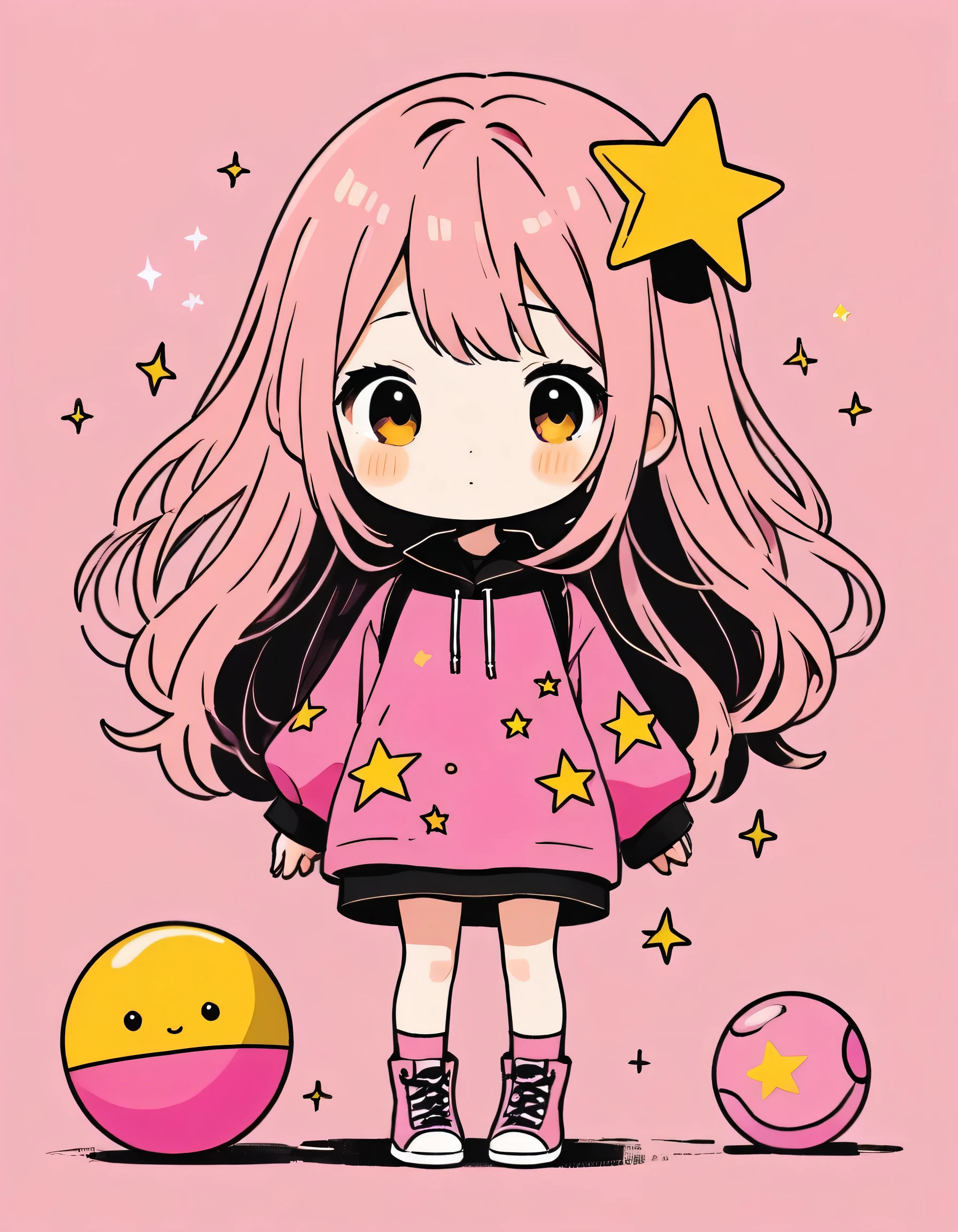 Black Star pink and Gold style, Simple Line Initialism,Abstract art,Kawaii Design, The most beautiful girl of all time、chibi, Colorful and cute balls