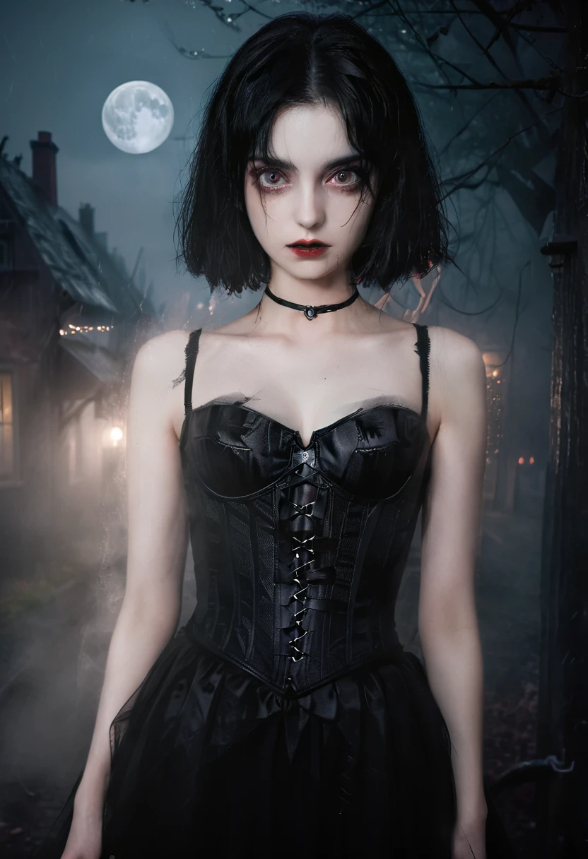 Victorian Vampire cherrynobodysd15 Award-winning RAW color photo+ Wearing a black dress with leather corset, Dark and foggy village, Night ominous dark omen, mist, moonlight, Vivid and charming eyes, Pale skin, (Black Hair)+, Shallow depth of field, High contrast, Backlight, bloom, Chromatic Aberration, Smooth, Clear focus, Shoot with a mirrorless camera