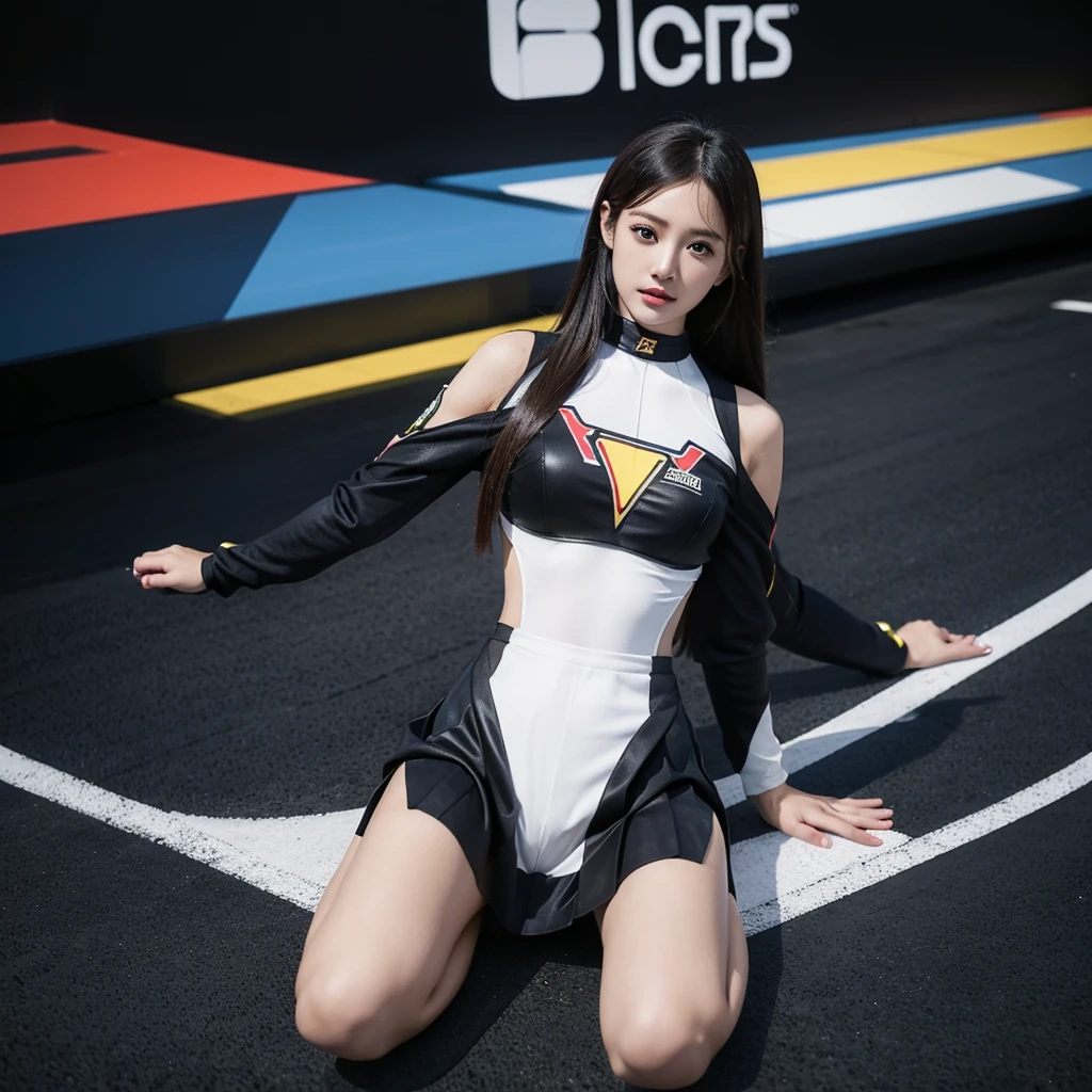 Super detailed photos、Detailed face、Lip gloss、Cool woman、Colorful costumes、F1 Driver Cosplay、Colorful costumes、Clothing with company logo、Grid Girlsのカラフルで派手な衣装、Grid Girls、Perfect Face、Paddock Girls、Harem、motor Show、tights、Bodycon Costumes、Grid Girls、Russia、Grid Girlsのコスプレ、belly button、Pleated skirt、Bodycon Costumes、Legs open pose、Spread your legs to show your crotch