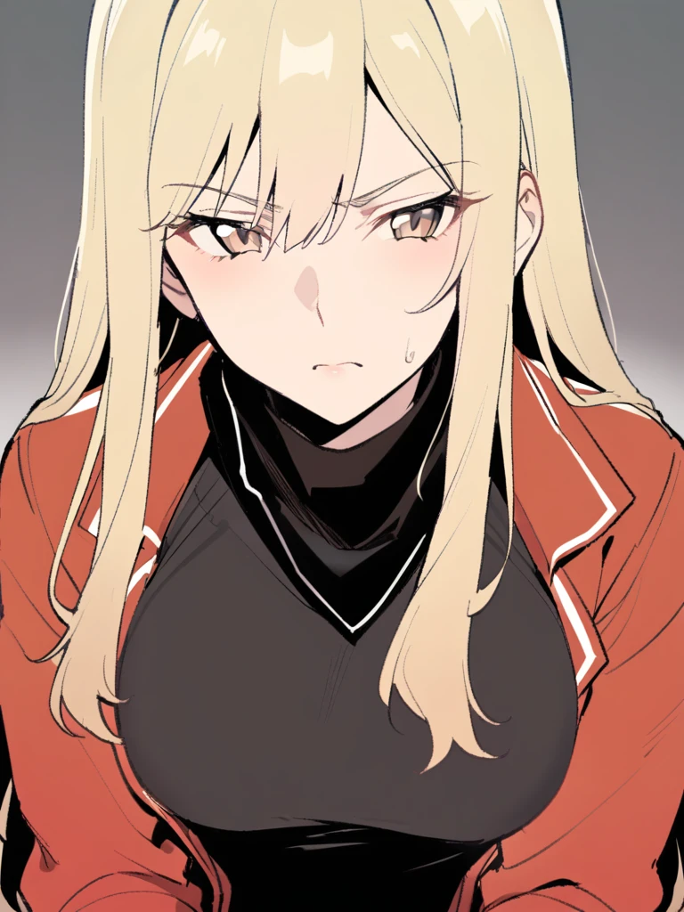 {{Upper part of the body}} {{Artist: sincos}} mature woman, straight hair, long hair, black color with blonde highlights, light brown eyes, black ninja bandana, red jacket, black fitted t-shirt, Gloves without fingers