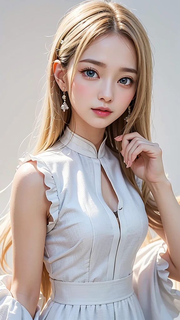 (((White background、White Blonde、forehead、White background、China dress、Ao Dai、Decoration、Frills、race、Cowboy Shot、30 year old mature woman、Mature face))), bright, Refreshing and gentle look, Perfect beautiful face、White Blondeのロングヘア，Beautiful and shiny hair, Very beautiful woman, eyeliner, So perfect and beautiful、Lovely large, clear, sky-blue eyes，Random pose