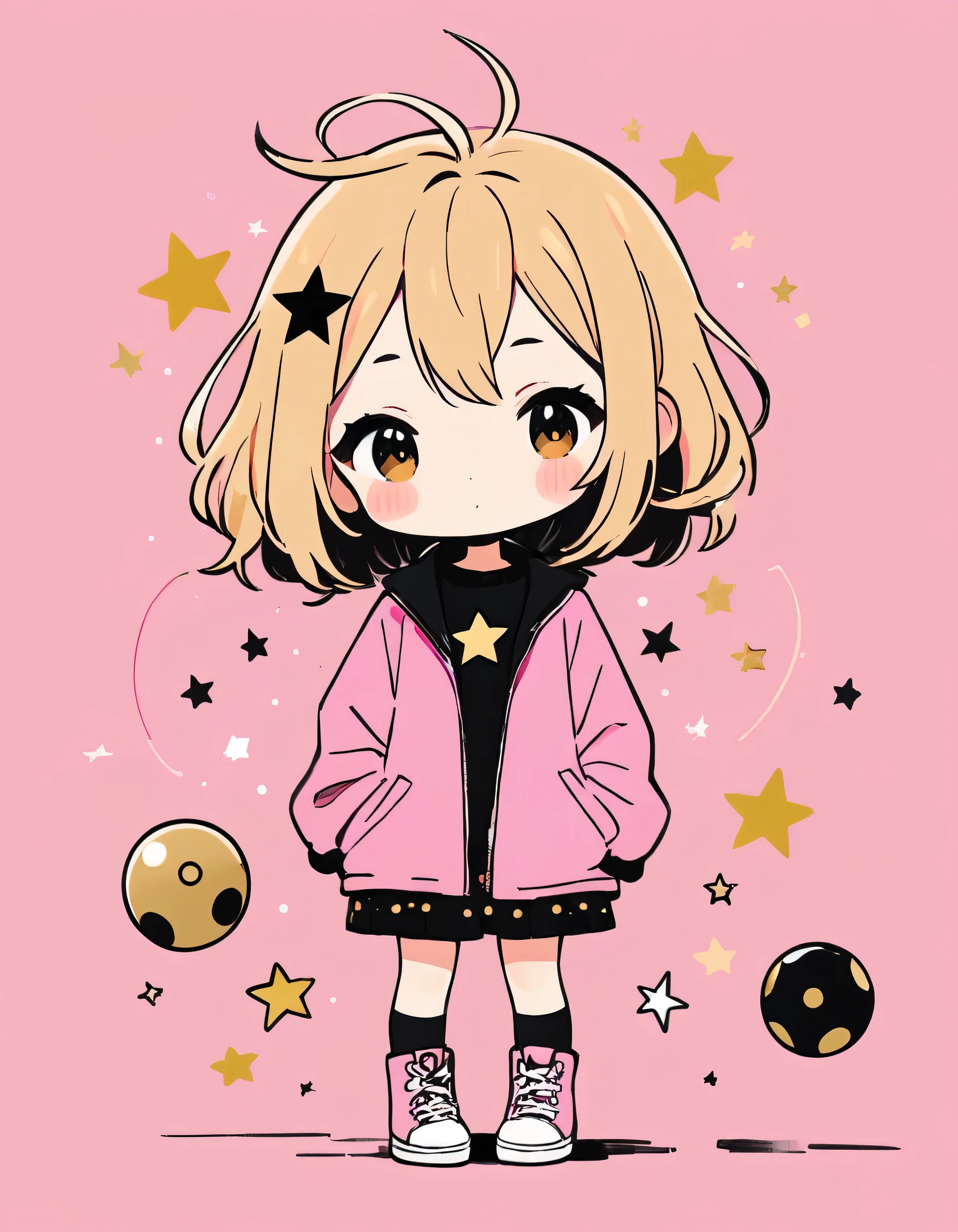 Black Star pink and Gold style, Simple Line Initialism,Abstract art,Kawaii Design, The most beautiful girl of all time、chibi, Colorful and cute balls