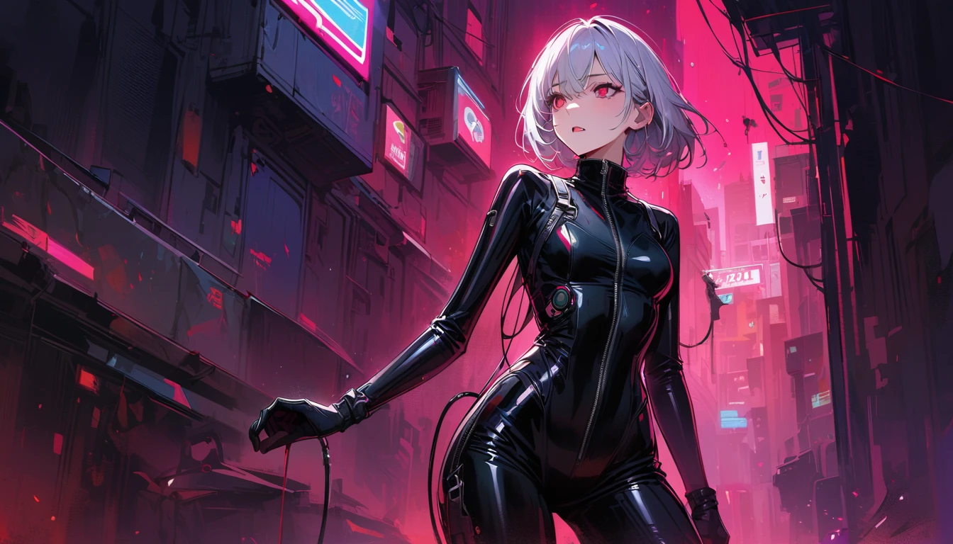 masterpiece, Best quality, 8 k, digital painting, 1 girl, One, get up, youth, White hair, Длинные White hair, hair accessories, Red eyes, round pupils, impassive facial expression, blood stains, Mechanical parts, electrical wire, cable, The effect of failure, terrifying, Science fiction, futuristic, Dark inside background, neon lights, Cyberpunk characters, surreal, strange, alarming, Chilling, terrifying, overalls,Red eyes,Poison Obsession,blackened,Long black gloves,One-piece trousers,tight latex bodysuit,Emphasize her graceful figure,Wrap your whole body,symbiont,((raised sexy)),overalls,Red eyes,Poison Obsession,blackened,Long black gloves,One-piece trousers,Black latex clothing,Blood-Red eyes,Best quality, A high resolution, Super detailed, Bright textures, a mask, tight latex bodysuit, bang,purple hair, Blue eyes