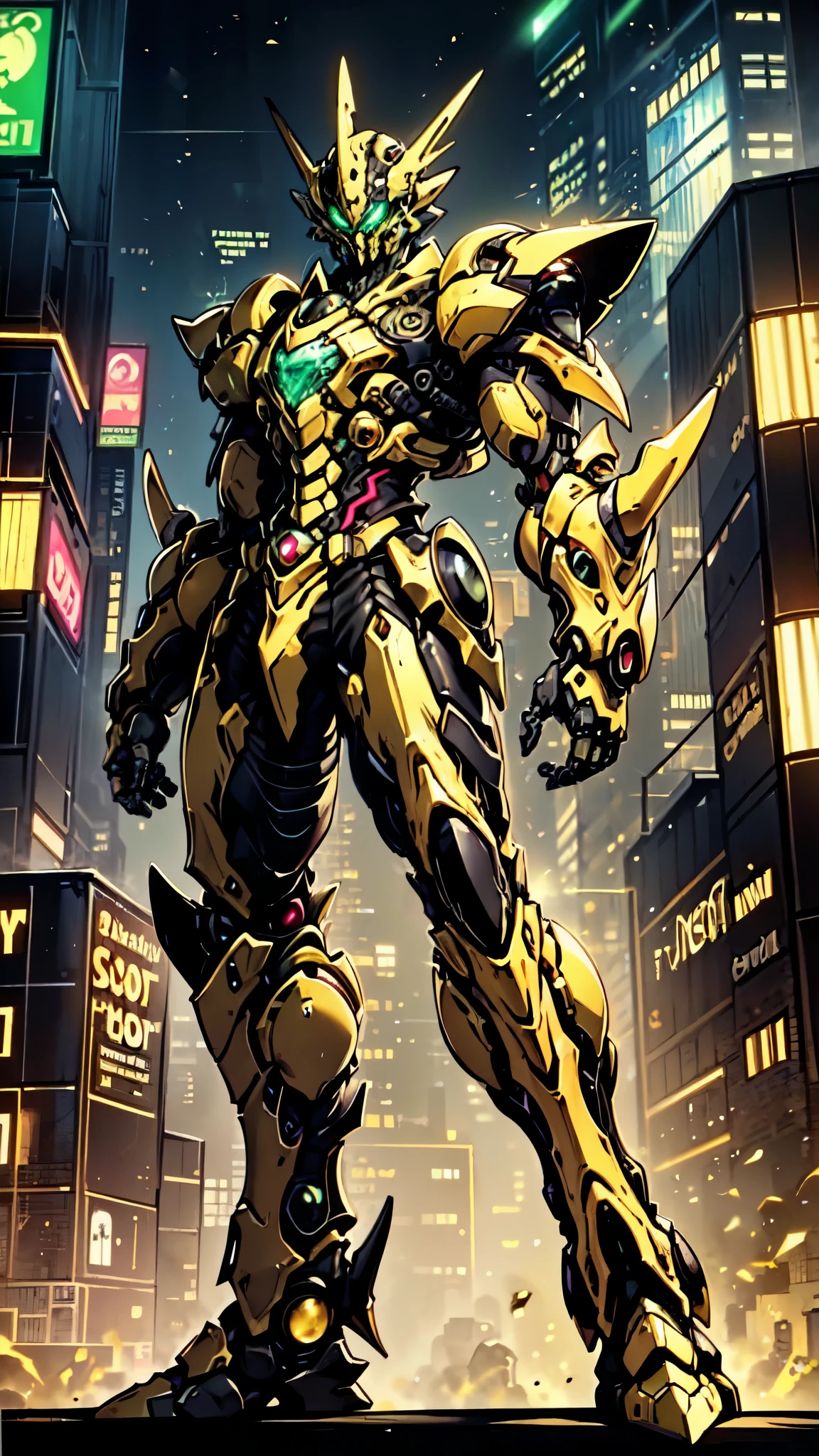 (masterpiece:1.5, best quality:1.5, extremely delicate:1.5, foreshortening:1.5, dynamic angle:1.5), a man wearing a full-face helmet, a fantasy-style biotech armored combat suit, green eyes, (a composite layered chest armor), fully enclosed shoulder guards, matching arm and leg guards, the belt is adorned with neon circuitry, (the color scheme is primarily black glow with green and red accents), the design balances heavy with agility, a high-tech bio-mecha armor, (Armor Concept Inspired by neon Cyberpunk, stand on the top of a skyscraper in a futuristic sci-fi city), this character embodies a finely crafted fantasy-surreal style armored hero in anime style, exquisite and mature manga art style, (element, plasma, energy, the armor glows), ((male:1.5)), metallic, high definition, highres, ultra-detailed, ultra-fine painting, professional, perfect body proportions, golden ratio, anatomically correct, symmetrical face, extremely detailed eyes and face, high quality eyes, creativity, RAW photo, UHD, 32k, Natural light, cinematic lighting, masterpiece-anatomy-perfect