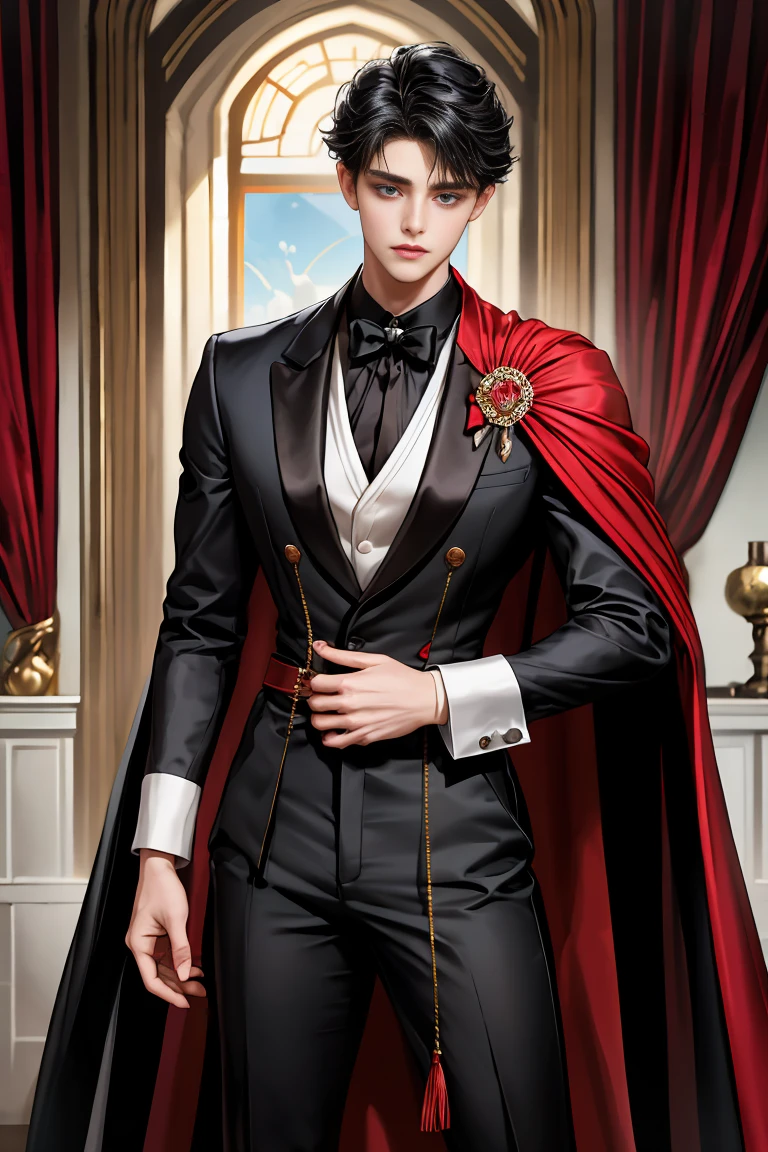 masterpiece, 最high quality, high quality, 1 boy, alone, Male focus, Watching the audience, Messy black hair, Adorable big blue eyes, White people, Noble, Noble,Sexy voluminous black and red cape、Tuxedo、A very voluminous, large, very large, very large, long, long red and black cape with a high stand-up collar, reaching down to the floor, made of a lot of fabric., ,Cute beautiful boys,Cute, cute, kind, handsome guy
