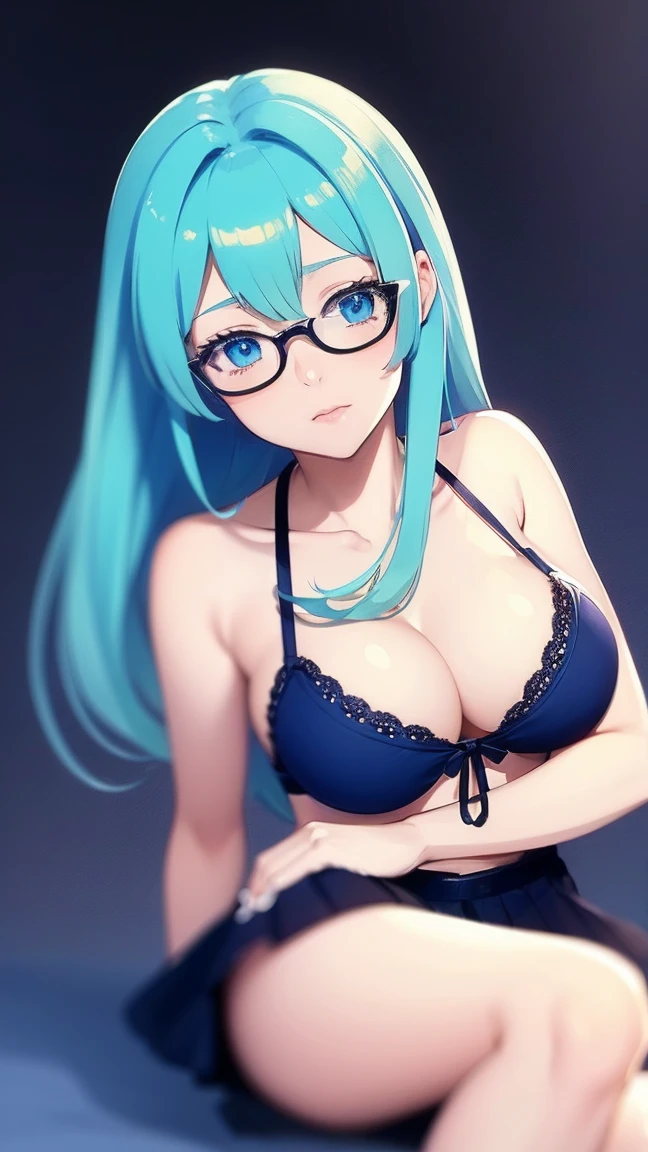 a beautiful girl, yellow hair, a few blue streaks in the hair, middle hime cut hairstyle, wearing a light blue bra and mini skirt, blue eyes, round frame glasses (light blue colours), sexy, nsfw, anime, perfect , detailed
