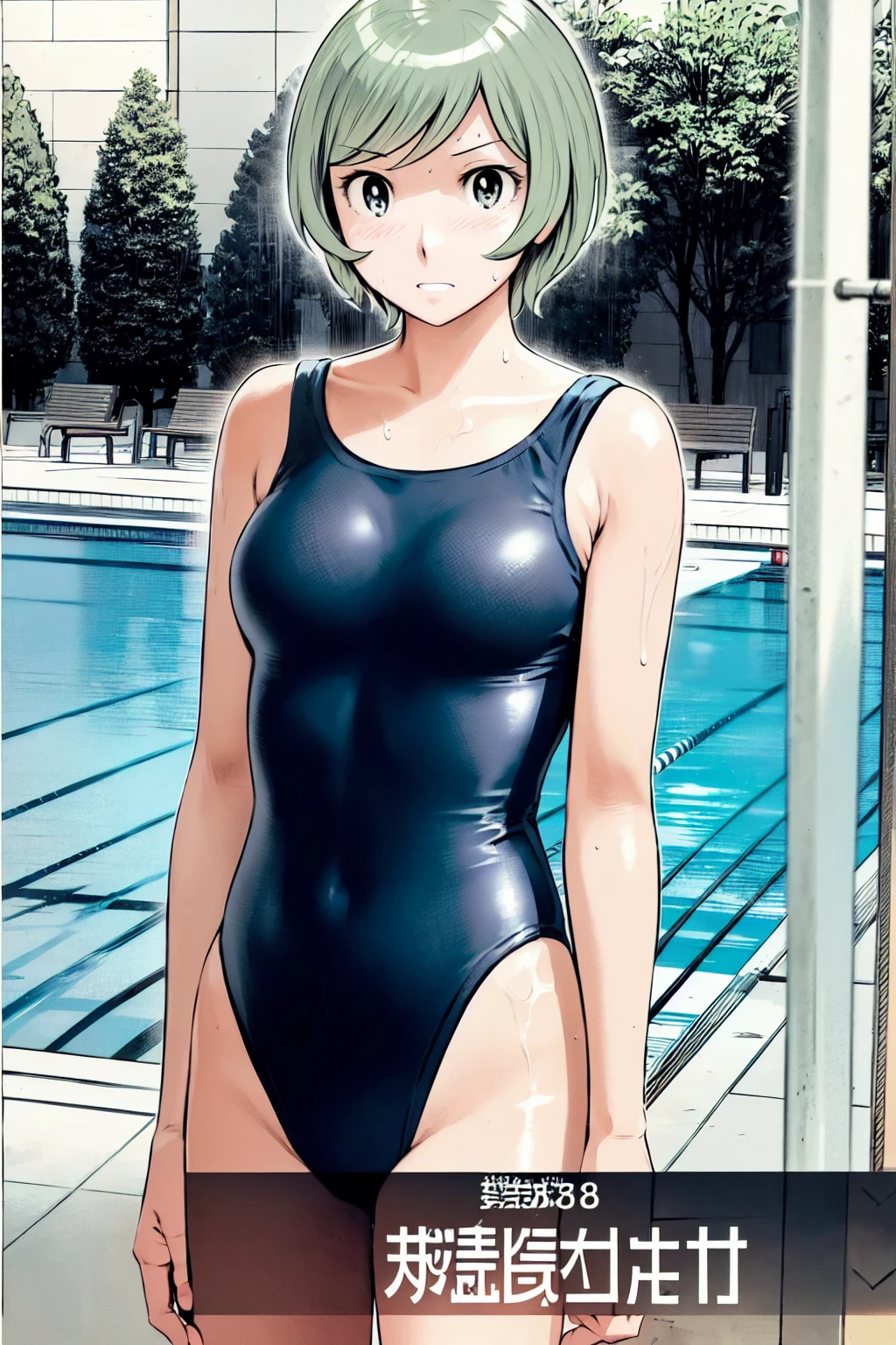Blue school swimsuit、(masterpiece、Highest quality)、Highest quality, Ultra-high resolution, (((masterpiece))), alone, Sweat、Big eyes, Composition from the front、Shortcuts、Embarrassed face、blonde、Cut your hair short、School swimming pool、short hair、Pussy Line、Browsing Caution、Butt