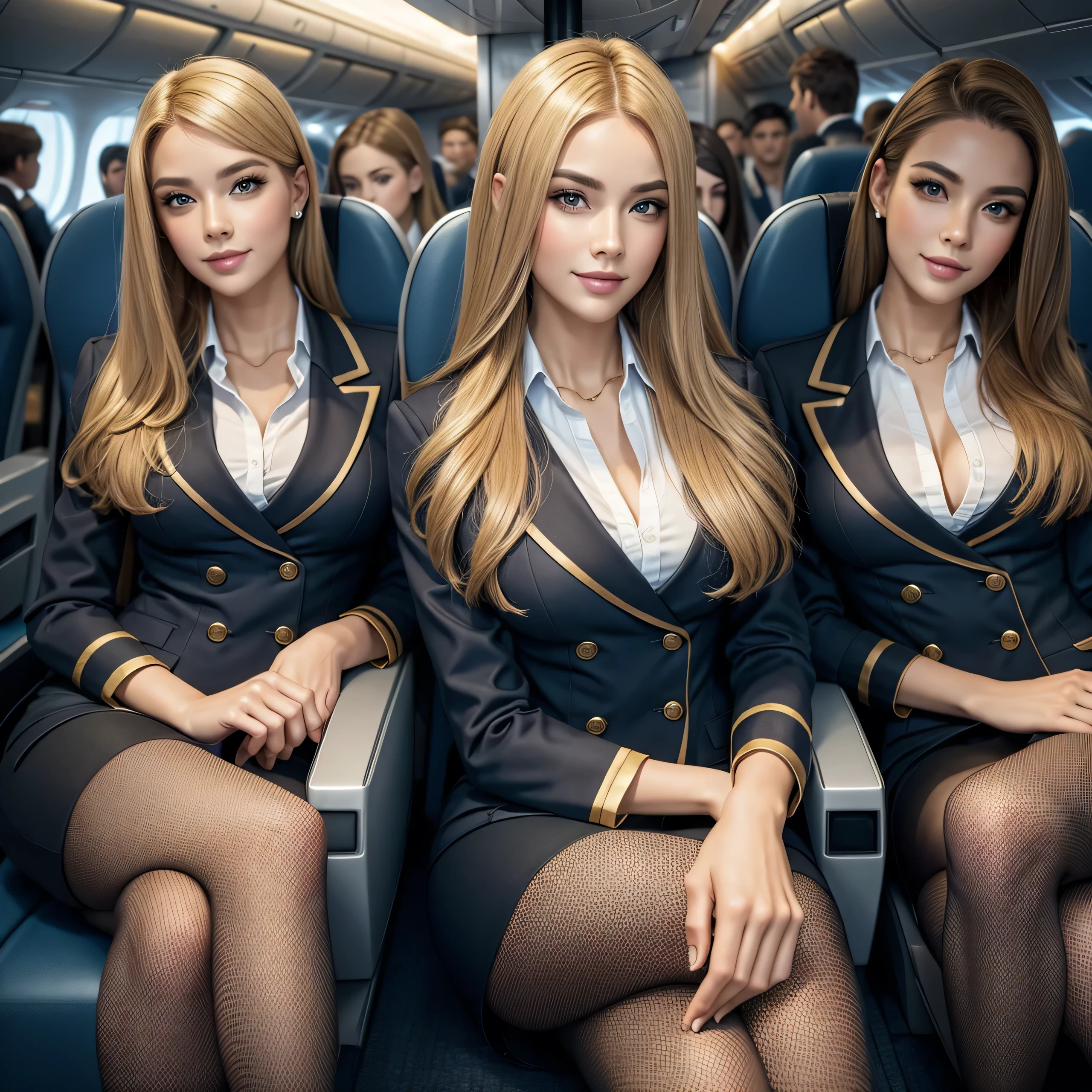 (best quality, masterpiece:1.5), (ultra-detailed, realistic:1.37),4K,(3woman:1.5),American,cute,beautiful,(Air hostess:1.3),stewardess,(miniskirt),(black pantyhose:1.2),(gold hair),smile,
