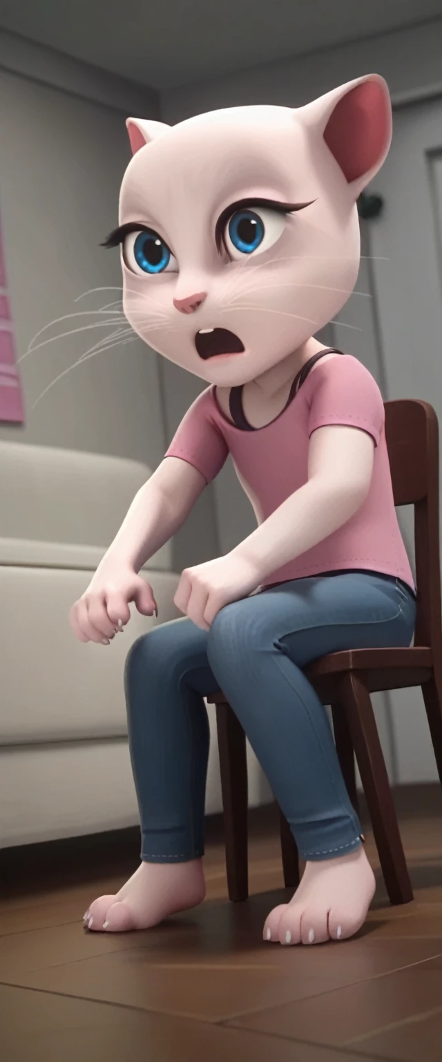 1 girl 1 human. a_la, 1girl, cat, white fur, long whiskers on both sides of the face, large bright blue eyes, large black eyelashes, small pink nose, triangular ears with pink channels, female . side view , anal. screaming hart sex .jeans pulled down position fuck. anus. anal. position focus view. Sit on the edge of the bed or on a chair with your feet on the floor. The woman turns her back to you and leans against you, sitting between your legs. Goes back and forth by holding the arms of the chair or pushing it with his feet. She can control the angle of entry by bending her back and pressing her hips against your crotch.
