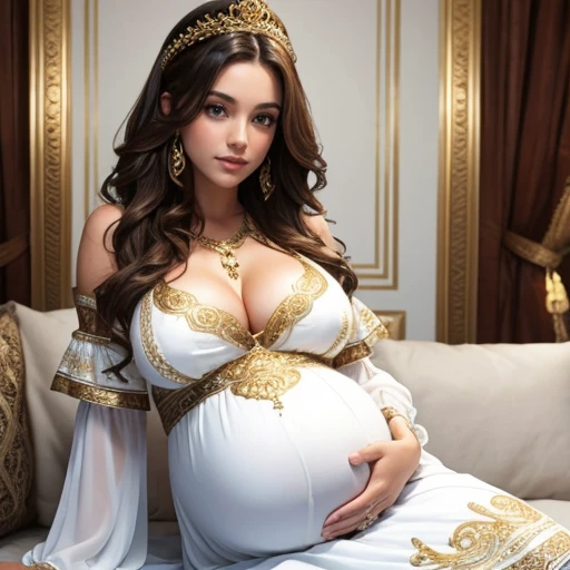 Beautiful pregnant queen, wavy brown hair, blue eyes, ornate white dress with gold details,  