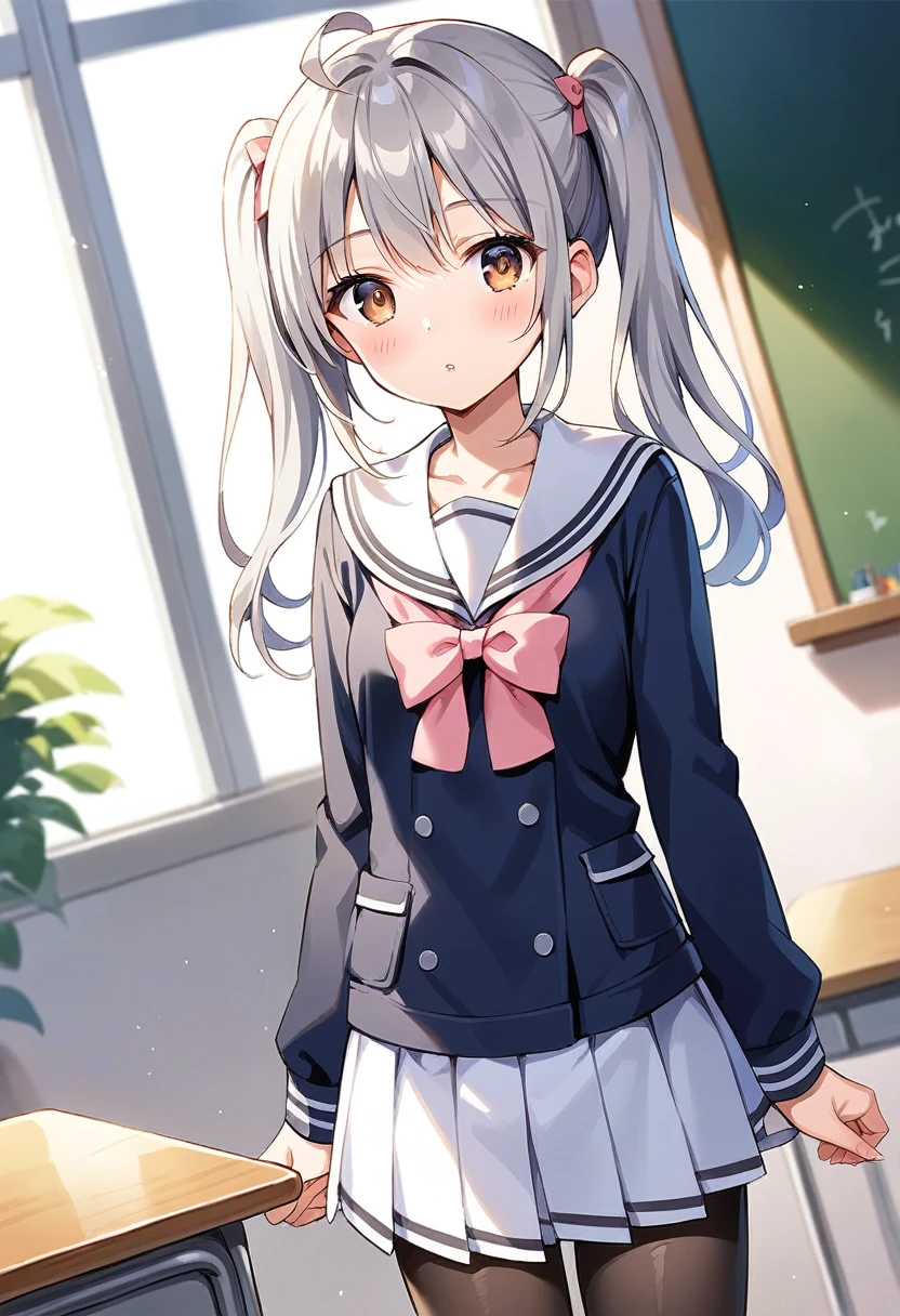score_9, score_8_up, score_7_up, source_anime,
BREAK pinup of 1girl, , grey hair, twintails, long hair, bangs, ahoge, bow hair, defined pupil, defined iris, brown eyes, blush, dot nose, closed mouth, parted lips, collarbone, small breasts, grey sailor uniform, long sleeves, light black sailor collar, light black bow, light black pleated skirt, black pantyhose, shiny hair, shiny skin, shiny clothes, looking at viewer, solo, indoors, standing, school desk, dark white wall, chalkboard, glass windows, tree, day, dutch angle,