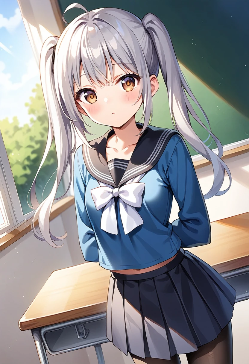 score_9, score_8_up, score_7_up, source_anime,
BREAK pinup of 1girl, , grey hair, twintails, long hair, bangs, ahoge, bow hair, defined pupil, defined iris, brown eyes, blush, dot nose, closed mouth, parted lips, collarbone, small breasts, grey sailor uniform, long sleeves, light black sailor collar, light black bow, light black pleated skirt, black pantyhose, shiny hair, shiny skin, shiny clothes, looking at viewer, solo, indoors, standing, school desk, dark white wall, chalkboard, glass windows, tree, day, dutch angle,