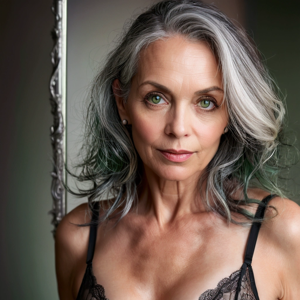 mature woman with gray hair and green eyes, wearing thin black laced lingerie, stands in a boudoir setting. She gazes seductively into a mirror, capturing a rear view of her inviting, sensual pose. The lighting is soft, highlighting the exquisite details of her lingerie. The composition focuses on her reflection, emphasizing the captivating and seductive nature of the scene.